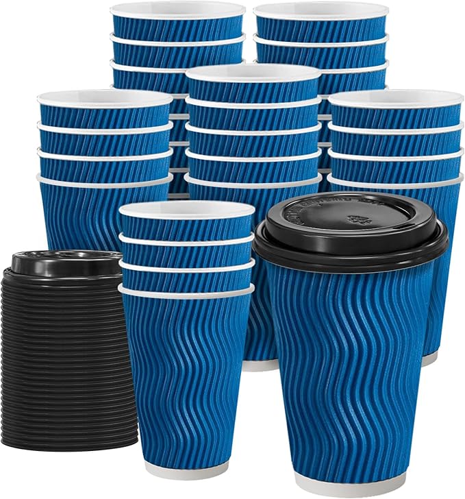 Clawsoff 100 Pack Coffee Cups with Lids 16 oz, Disposable Insulated Ripple Wall To Go Paper Coffee Cups for Hot/Cold Drinks Office Home Shop Event (Navy)