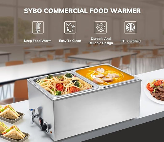 SYBO Commercial Grade Stainless Steel Bain Marie Buffet Food Warmer Steam Table for Catering and Restaurants (2 Sections with Tap)