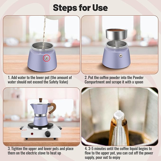 Vaolvpant 3 Cup Aluminum Moka Pot Purple Classic Stovetop Espresso Coffee Maker 150ml 5oz Coffeemaker Percolator Mocha Pot Greca Coffee Maker Cafe Makers for Italian and Cuban Café Brewing Purple