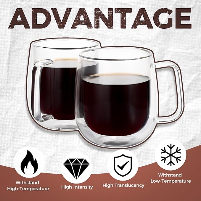 2 Pack 12 oz Double Walled Glass Coffee Mugs with handle, Thermal Insulted No Condensation Coffee & Tea Cups, Clear Mugs for Americano, Latte, Espresso, Cappuccinos Beverage