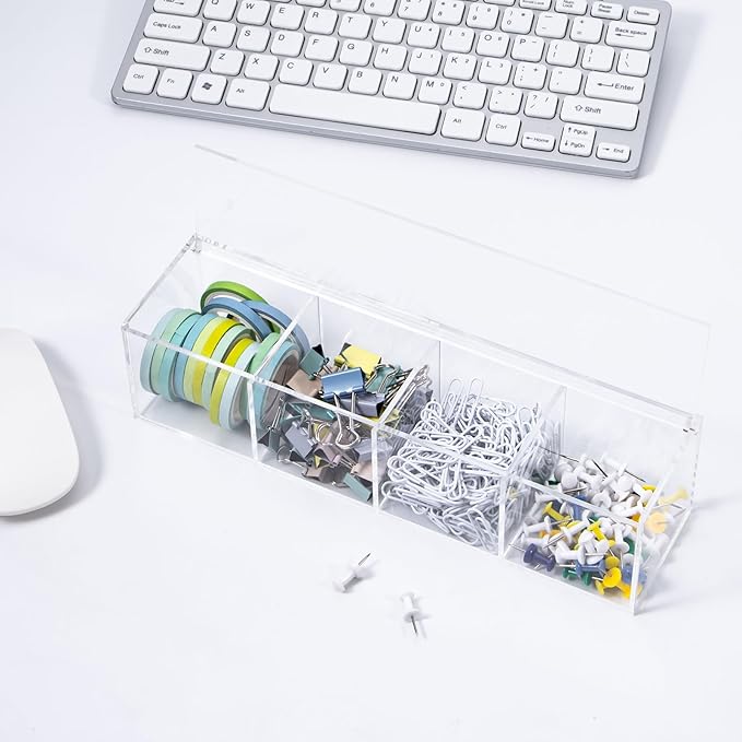 Yeeco Clear Acrylic Capsule Holder with Lid, 4 Section Rectangle Drawer crylic Organizer with Lid 10”×2.6”×2.6” 4 Compartments Desk Cube Containers for Jewelry，Candy，Coffee，Make Up Accessories