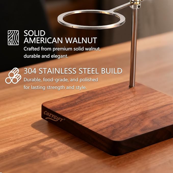 COZYGIFT Pour Over Coffee Maker Stand with American Black Walnut Base, Stainless Steel Adjustable Dripper Holder, Wooden Brewing Station, Cone Brewer Rack, Barista Accessories & Kitchen Coffee Décor