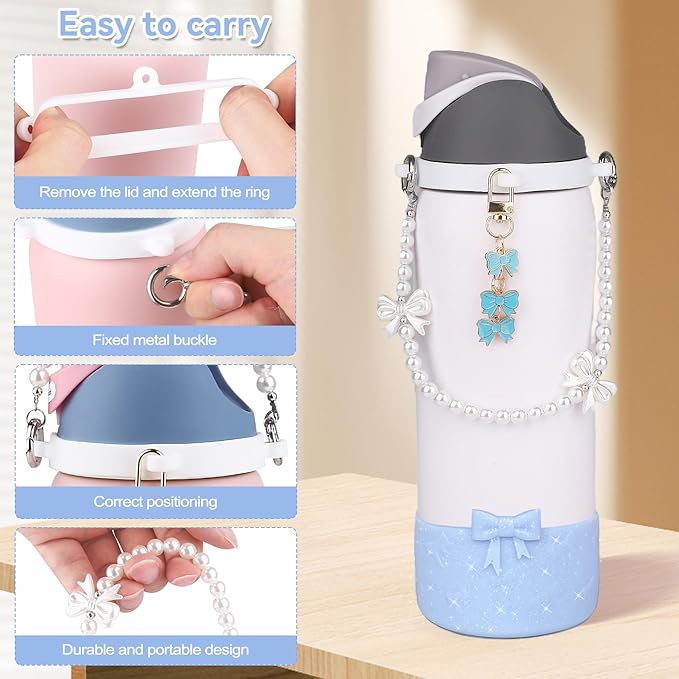 Water Bottle Accessories Set for Owala FreeSip 24oz、32 oz– Includes Pearl Handle Strap, Bow Charms,2.9in .3inch Silicone Bling Boot for Owala Accessories for Women