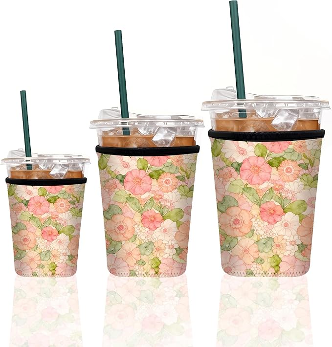 Neoprene Iced Coffee Sleeve 3 Pack, Reusable Insulated Cup Holder with Watercolor Floral Pattern, Fits 16–32 oz Tumblers, Compatible with Starbucks & Dunkin