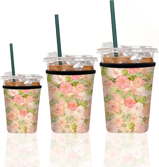 Neoprene Iced Coffee Sleeve 3 Pack, Reusable Insulated Cup Holder with Watercolor Floral Pattern, Fits 16–32 oz Tumblers, Compatible with Starbucks & Dunkin
