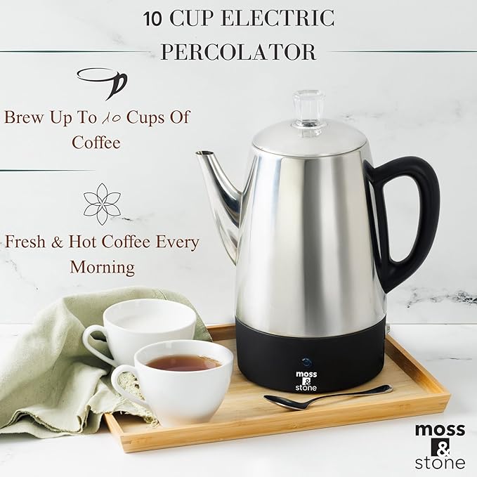 Moss & Stone Percolator Coffee Pot Electric 10 Cup, Stainless Steel Coffee Maker. With Keep Warm Function, 10 Cups Stainless Steel Percolator With Coffee Basket