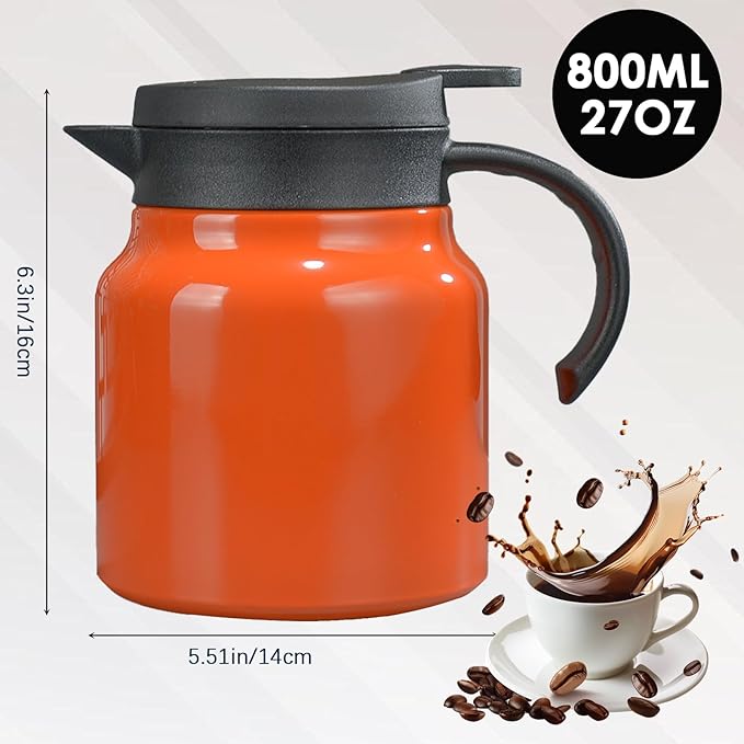 27 oz Single Stainless Steel Thermal Coffee Carafe, Double Wall Vacuum Insulated Creamer Container, Beverage Dispenser for Milk and Hot Chocolate, Tea Pot. (Orange)