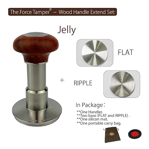 The Force Tamper Automatic Impact Adjustable Constant Pressure and Autoleveling Coffee Tamper Reddish Brown Jellyfish Wooden Handle Set Pro (Extend Set, 54.00mm)