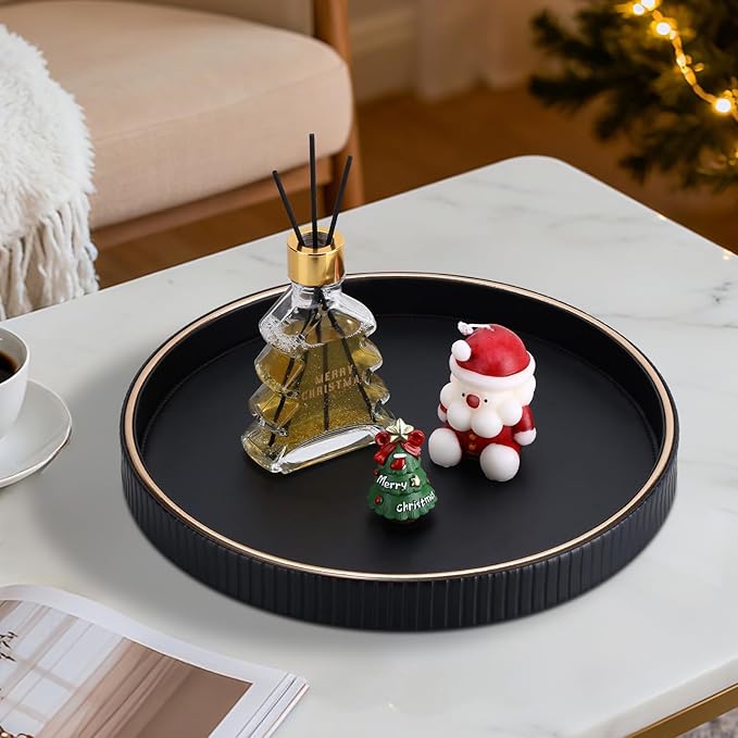 KINGFOM Round Decorative Tray for Coffee Table, PU Leather Valet Nightstand Desk Organizer for Men Women, Golden Trim Tray for Home Decor Living Room Dining Table, Perfume Trays Organizer Black