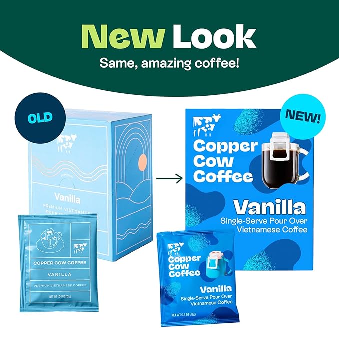 Copper Cow Coffee Pour Over Vietnamese Coffee Pouches + Sweetened Condensed Milk Creamers (8 Coffees & 8 Milk Creamers) | Vanilla Lattes, No Refrigeration Needed, Travel Friendly Ground Coffee
