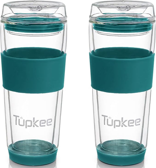 Tupkee Double Wall All Glass Tumbler - 14-Ounce, Reusable Insulated Tea/Coffee Mug & Lid, Hand Blown Glass Travel Mug - Cyan- 2 Pack