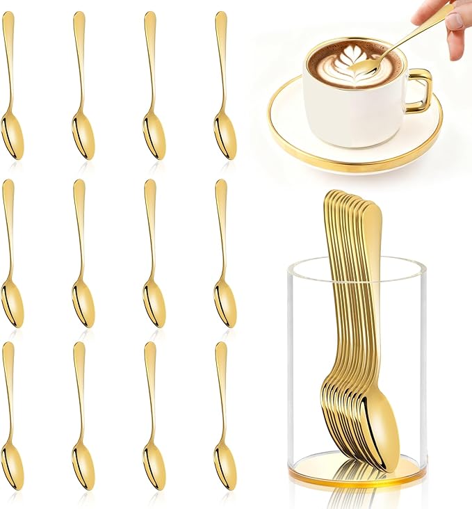 12 Pcs Gold Coffee Spoons with Holder 4.92 Inch Demitasse Espresso Spoons Mini Coffee Spoons Gold Tiny Dessert Spoons Small Tea Spoon Stainless Steel Acrylic Cylinder Holder for Party Coffee Bar Home