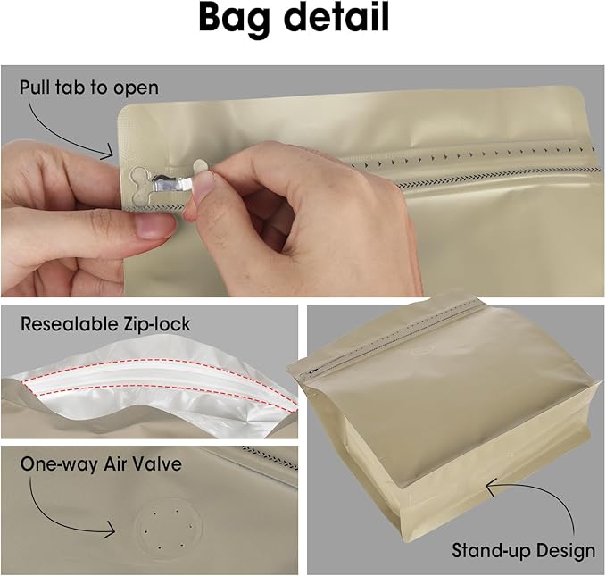 50 Count 16oz Coffee Bags with Valve,1lb Vented Coffee Beans Packaging Bags High Barrier Aluminumed Foil Flat Bottom Heat Sealed Side Zipper Resealable Storage Bag for Home or Business（Brown）