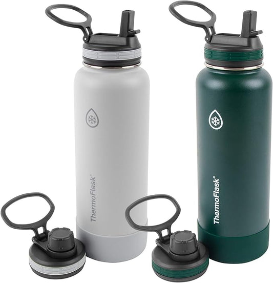 ThermoFlask Stainless Steel Water Bottles 2-Pack - Double-Wall Vacuum Insulated 40 oz BPA-Free Spout Lids - Keeps Drinks Cold 24 Hrs, Hot 12 Hrs - Leakproof, Dishwasher Safe, Gray/Pine