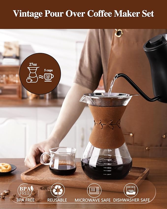 Pour Over Coffee Maker with Double-Layer Stainless Steel Filter - 27 oz Pour Over Coffee Dripper with Leather Collar, Heat Resistant 5 Cups Glass Coffee Carafe with Cork Lid for Hand Brewing Lovers