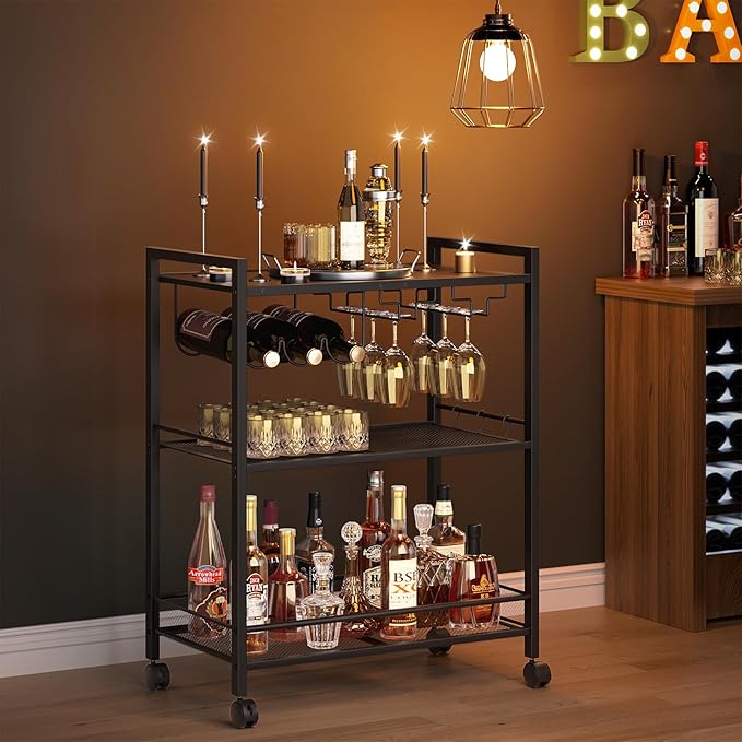 Bar Cart, Home Bar Serving Cart with 3-Tier Shelf,Microwave Cart with Lockable Wheels,Mobile Kitchen Shelf,Rolling Beverage Cart with Wine Rack and Glass Holder for Kitchen,Dinning Room,Black