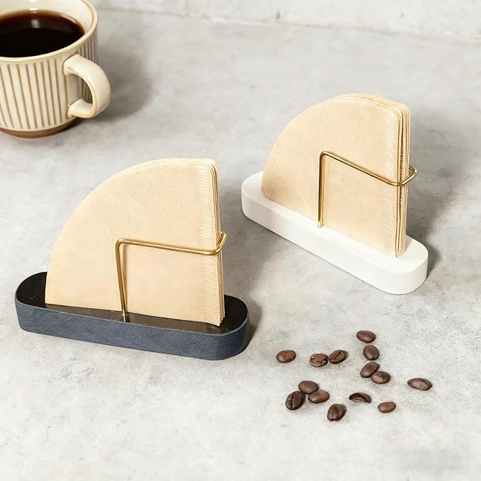 Coffee Filter Holder, Marble & Brass Cone Coffee Filters Holder Organizer Station, Stand Accessories for V60 Filters Size #01, #02 & #04, Thick and Anti-slip (Black)