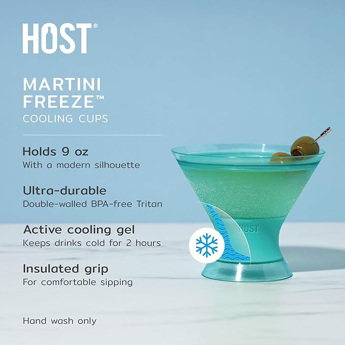 HOST Freeze Insulated Martini Cooling Cups, Plastic Freezer Gel Chiller Double Wall Stemless Cocktail Glass Set of 2 9oz, Tinted Aqua Blue, Green