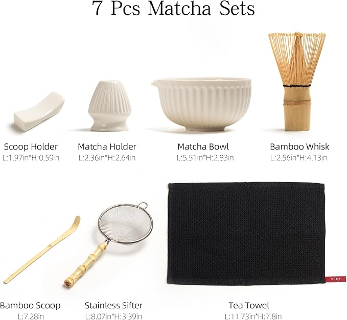 Matcha Whisk Set, Matcha Set Includes Ceramic Matcha Bowl, Matcha Whisk and Holder, Bamboo Scoop, Sifter, Scoop Rest and Tea Towel - 7 Pcs Matcha Making Kit for Matcha Lover and Tea Ceremony