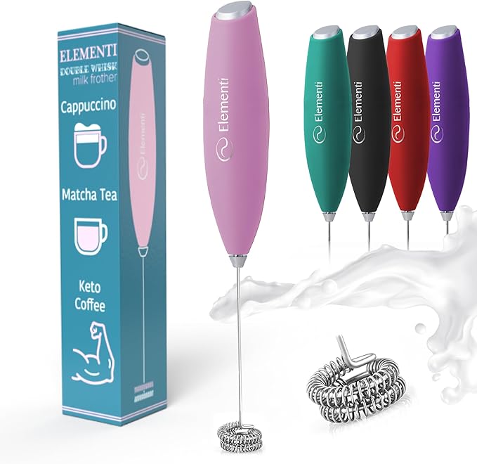 Elementi Pink Milk Frother Handheld Double Whisk - Coffee Frother Electric Stirrer, Matcha Whisk & Drink Mixer Handheld - Electric Stirrer For Coffee (Pastel Pink)