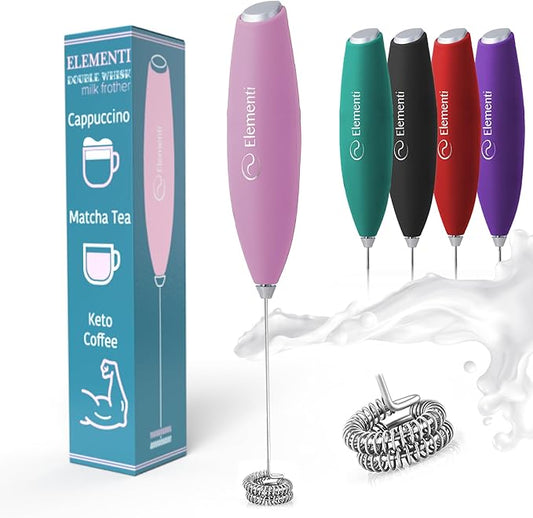 Elementi Pink Milk Frother Handheld Double Whisk - Coffee Frother Electric Stirrer, Matcha Whisk & Drink Mixer Handheld - Electric Stirrer For Coffee (Pastel Pink)