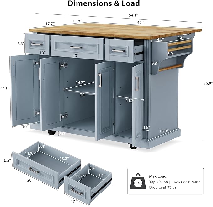 Yayzy Rolling Kitchen Island with Drop Leaf, 4 Cabinet Doors, 3 Drawers & Side Storage Racks, Mobile Kitchen Cart with Rubberwood Top & Locking Wheels for Dining Room & Kitchen, 54-Inch, Grey Blue