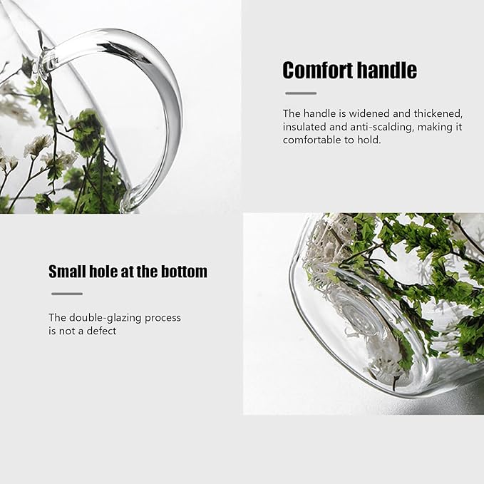 Flower Glass Double Wall Glass - 350ml Aesthetic Dried Flowers Double Wall Glass Coffee Mugs | Clear Glass Cups With Handle,Anti-Scalding Coffee Cups For Hot Beverages,Tea Or Coffee