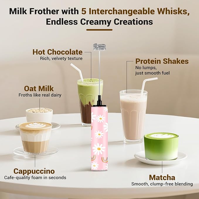 Milk Frother Handheld Rechargeable - 2-Speed Electric Whisk with 5 Detachable Heads (Frother/Mixer/Whisk) for Coffee, Latte, Cappuccino & Matcha, Drink Mixer （Flower 1)