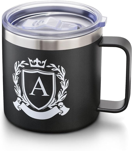 Personalized 14 Oz Insulated Coffee Mug with Lid Handle Stainless Steel Spill Leak Proof Heavy Large Reusable Thermal Travel Hot Tea Cup Camping Big Water Tumbler Custom Cool Men Dad Gifts,A