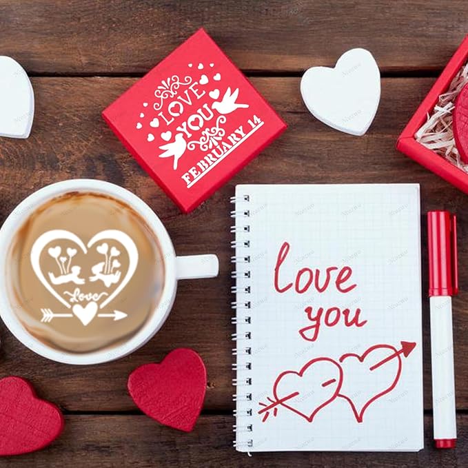 Valentines Day Cake Stencils Kit Reusable Cookie Coffee Stencil Drawing Template for Dessert Buttercream Painting Envelopes DIY Crafts Wall Floor Decor (12 Pcs Confession of Love)