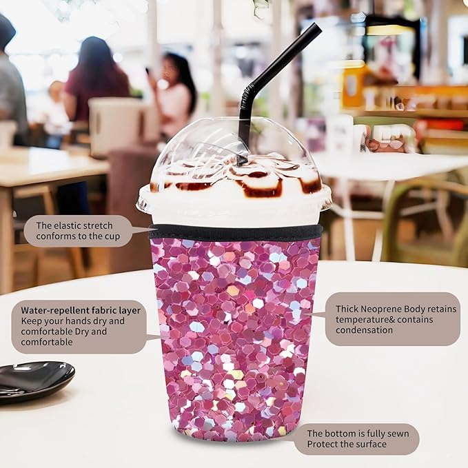 3 Pack Reusable Neoprene Insulator Sleeve for Iced Coffee Cups, Funny Coffee Cup Sleeves for 16-32oz Coffee cups, Cute Drink Sleeve for Cold Hot Beverages Cute Pink Glisten