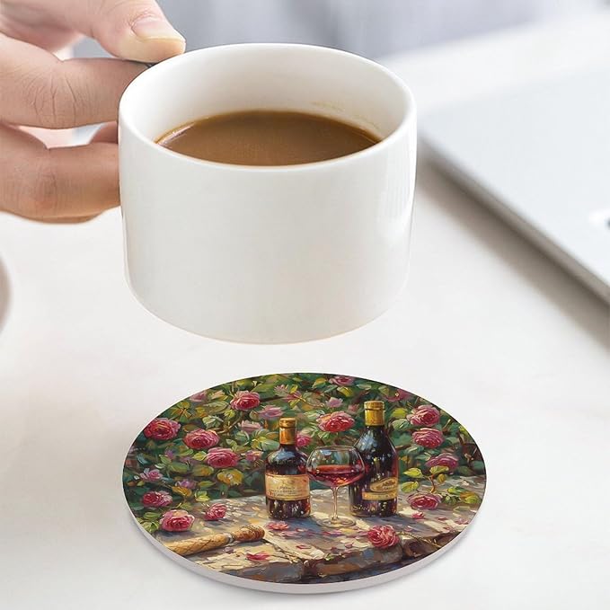 Red Wine Drink Coasters, Round Ceramic Drink Coaster Round-4PCS, Oil Painting Style Red Wine Floral Rose Flower Pattern Decor Absorbent Ceramic Coasters for Beverage Cup, Bar, Coffee Table