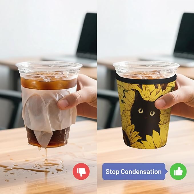 Iced Coffee Sleeve Reusable Cup Sleeves for Cold Drinks Neoprene Koozie Cozy Plastic Cup Covers for Drinks, Sunflower Cat