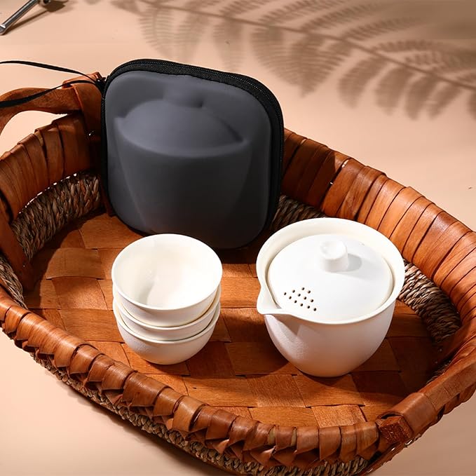 Porcelain Chinese Gongfu Tea Sets for Adults Portable Kungfu Teapot and Cup Set Small Ceramic Tea Party Set Travel Teaset with Lid for Home Gifting Outdoor and Office (White)