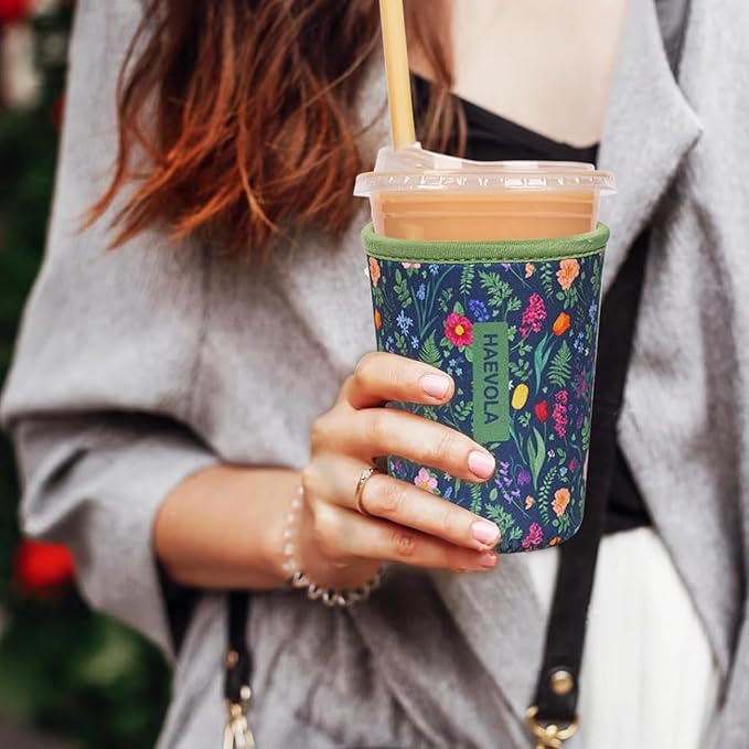 Reusable Insulated Neoprene Iced Coffee Cup Sleeve, Durable Drink Sleeve for Cold Beverages, Beverage Holder for Iced Coffee, Fern Florals