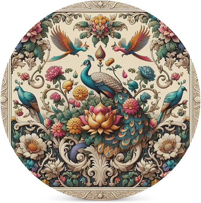 Round-4PCS Peacock Drink Coasters, Round Modern Ceramic Absorbent Coasters, Beautiful Plant Colorful Floral Peacock Boho Peacockr Desk Coffee Table Coaster for Beverage Cup Tea Coasters