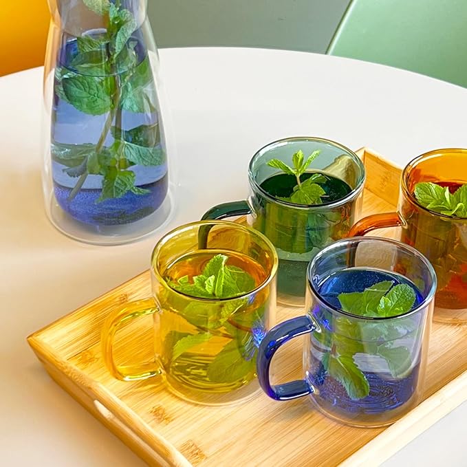 Cloudnola 12.85oz Double Wall Insulated Mugs, High Heat Borosilicate Glass, Set of 4, Multicolored Set, for Coffee, Latte, Tea, Cappucino, Hot Chocolate