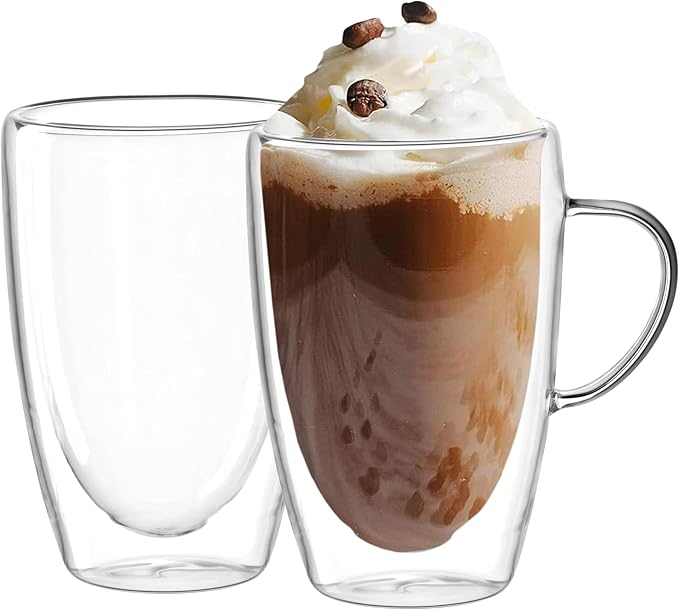 Double Wall Glass Coffee Mugs Set of 2 – 12oz Insulated Borosilicate Glass Cups with Handles – Clear Coffee, Tea & Latte Mugs