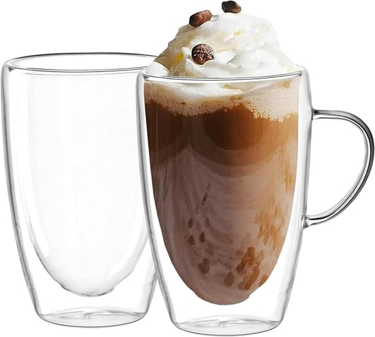 Double Wall Glass Coffee Mugs Set of 2 – 12oz Insulated Borosilicate Glass Cups with Handles – Clear Coffee, Tea & Latte Mugs
