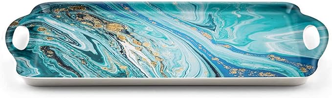 Serving Tray Decorative Tray with Handles Multi-Purpose Rectangular Serving Trays for Restaurant, Parties, Coffee Table, Kitchen - Blue Gilt Marble Pattern