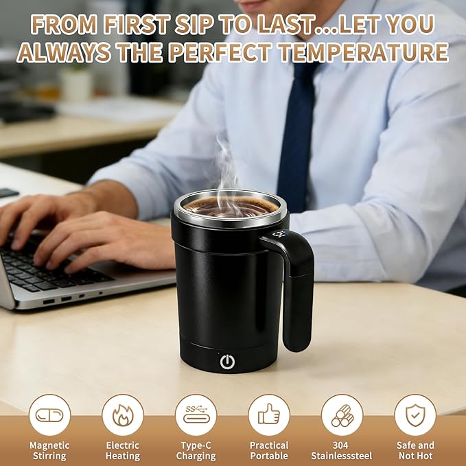 2026 Upgraded Stirring Coffee Mug,With LCD Temperature Display,Rechargeable Automatic Magnetic Stirring Coffee Mug,304 Stainless Steel,for tea/Hot Chocolate/Milk Ideal Gift for Coffee Lovers (Black)