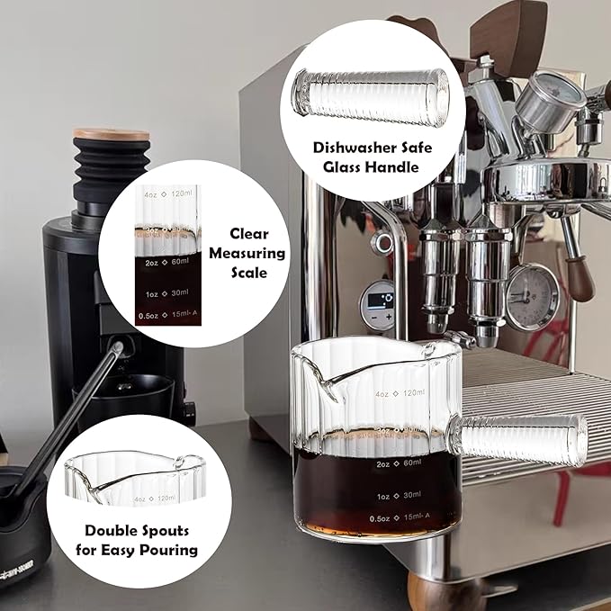 Espresso Cups Set of 2, 4 OZ Glass Double Spouts Cups, Shot Glasses, Milk Cup with Glass Handle for Dishwasher Safe, Espresso Accessories for Machine, Demitasse Cups, Small (Clear)