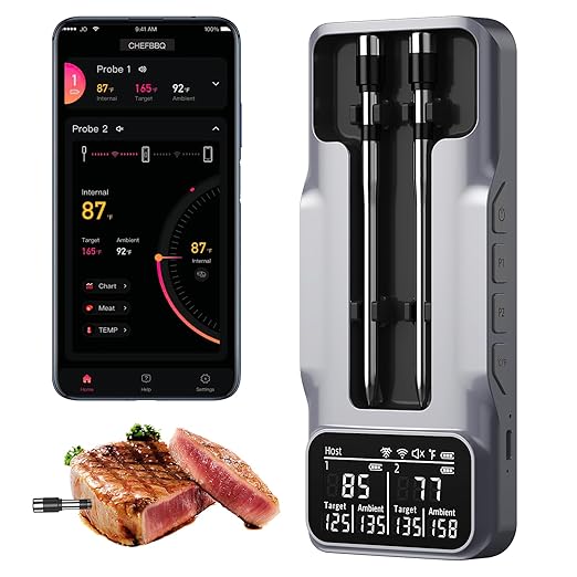 Smart Wireless Meat Thermometer with 2 Probes & 800Ft Bluetooth Range, Grill Thermometer with Standalone Base, NIST Certified ±0.5°F Accuracy, Digital Backlit Screen for Oven, BBQ, Smoker, Kitchen