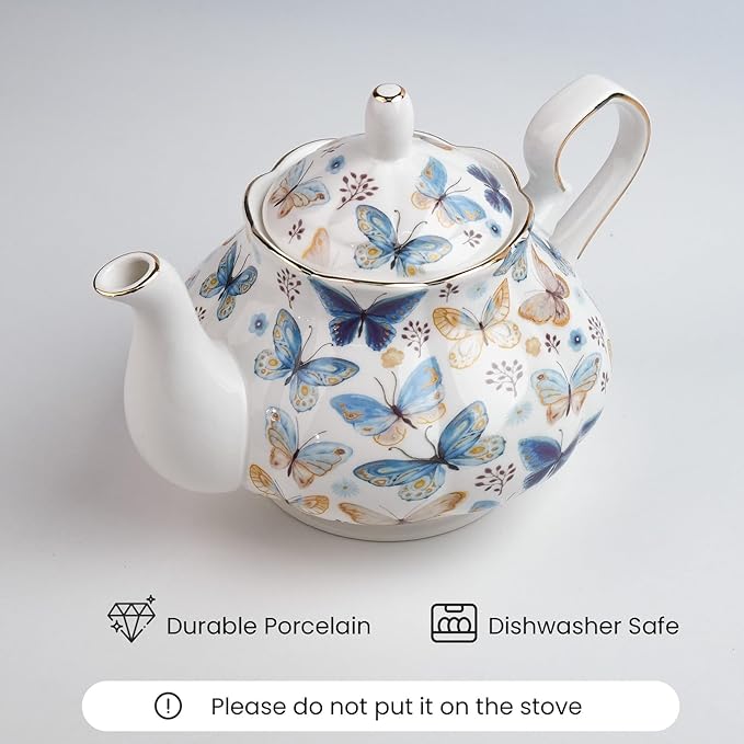 33.8 oz Porcelain Tea Pot Luxury Gold Trim Floral Ceramic Teapot Waterpot Tea Maker for Blooming Loose Leaf Tea Coffee Milk Chrismas Women Gift Housewarming Home Kitchen Décor (Butterfly)