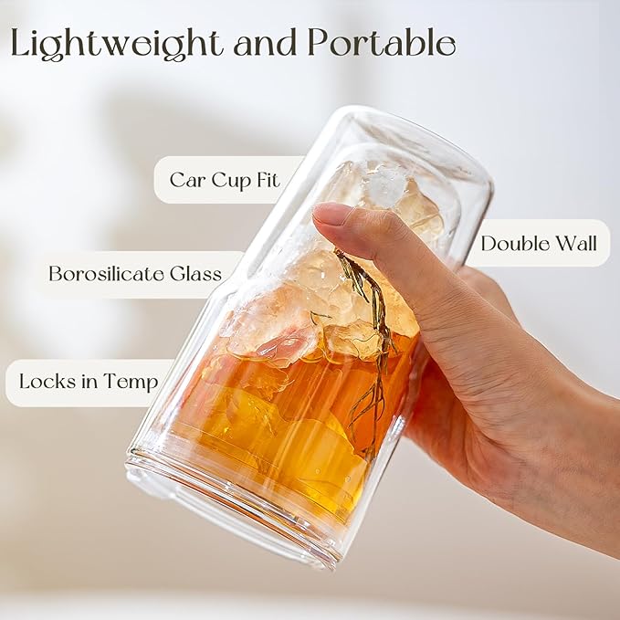 16oz Clear Double Wall Drinking Glass Cups with Lids and Straws, 2 Pc Set – Condensation Resistant Insulated Glass Can Tumblers for Cold Drinks,Iced Coffee,Tea,Juice and Mixed Drinks Cleaning Brush