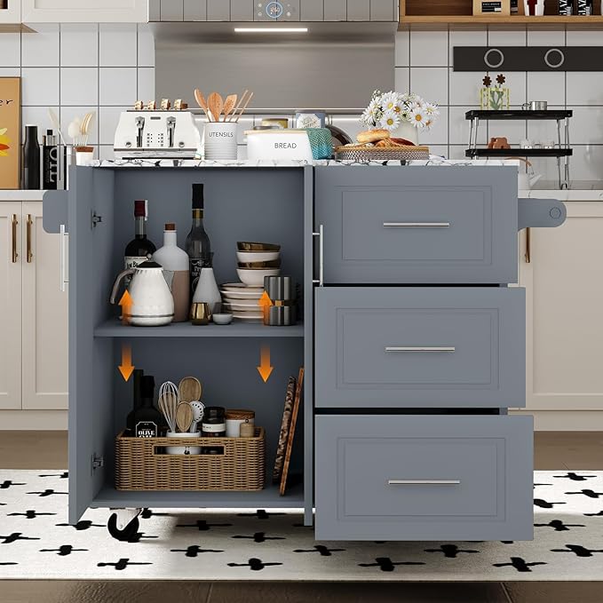 4 EVER WINNER Kitchen Island on Wheels with Storage and Drop Leaf, Marble Tabletop, 43" Kitchen Island Cart with Towel Rack & Spice Rack, Rolling Islands cart for Kitchen, Gray