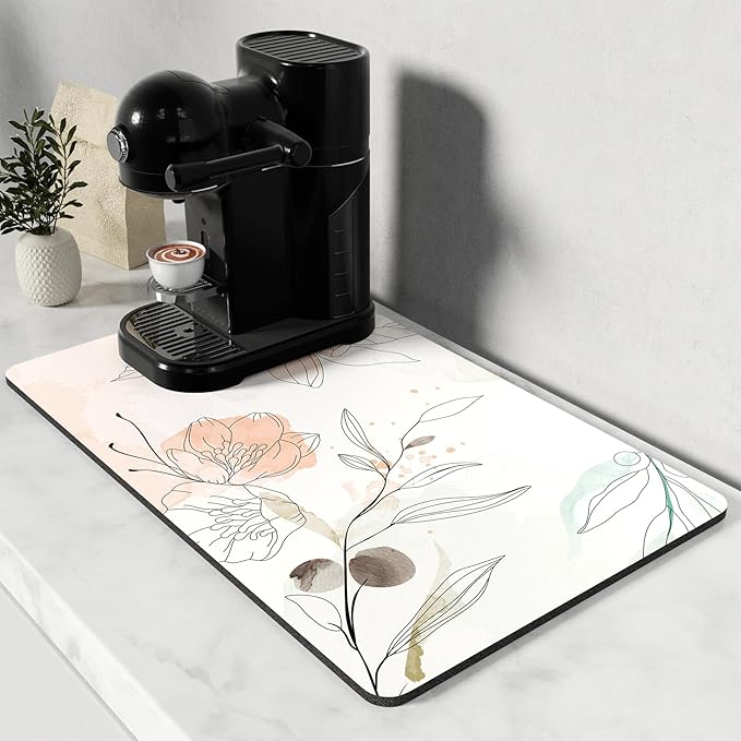 Rnivvi Coffee Mat, 12" x 19" Cute Coffee Bar Mats for Espresso Machine Station Accessories and Organizer, Hide Stain Rubber Backed Absorbent Dish Drying Pad for Kitchen Counter, Watercolor Flowers