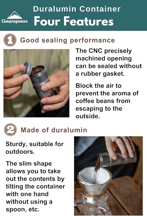 CAMPINGMOON 2-Layer Portable Coffee Bean Storage Canister Airtight Duralumin Coffee Travel Container Camping Lightweight Slim Mini Tea Caddy CNC Machined Metal Spice Jar S15g 30g CC-50-H