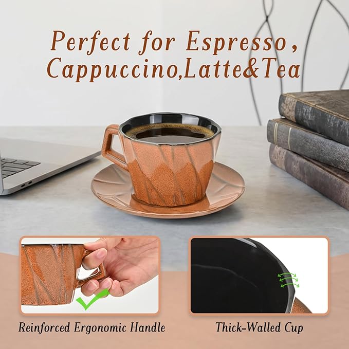 MyBudsBuzz Ceramic Espresso Cups with Saucers 6 oz,Coffe Cups for Cappuccino,Latte,Tea with Saucers Set of 2 - Geometry - Brown
