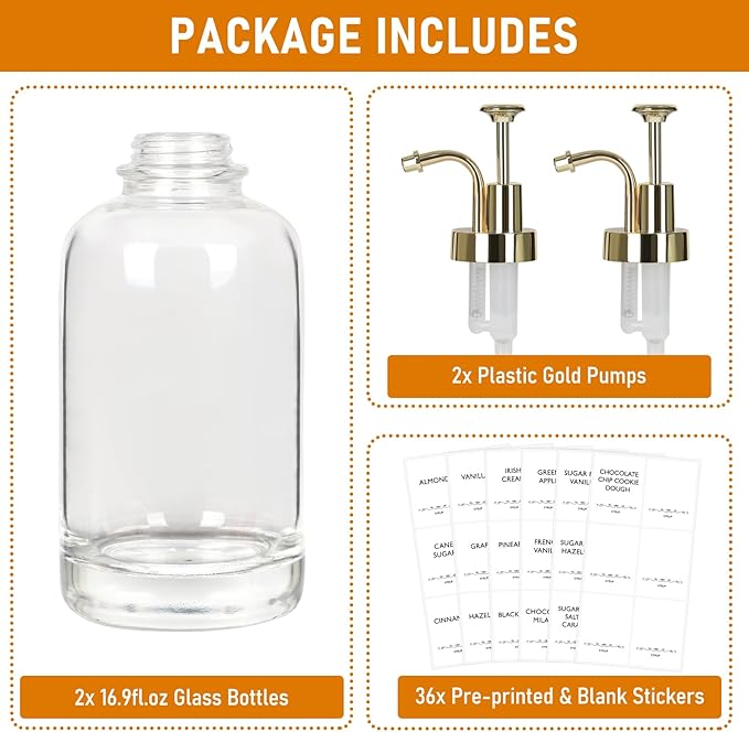 Coffee Syrup Dispenser 16.9 Oz 2 Pack, 500ml Glass Bottle with Gold Pump for Coffee Bar, Includes 36 Stickers - Reusable Syrup Bottles